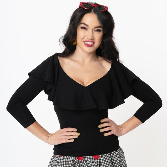 Black Off Shoulder Ruffle Bisou Top - Picture 1 of 7